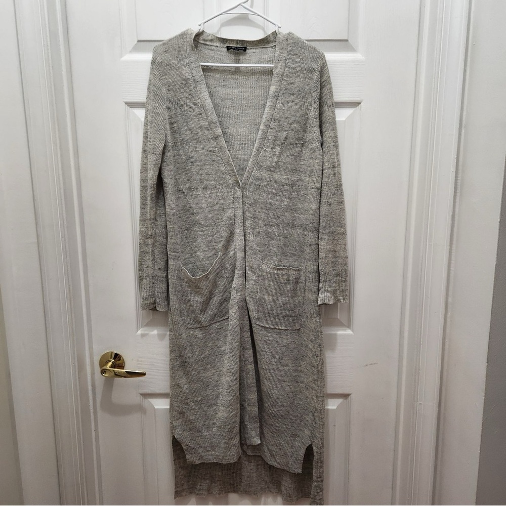 Eileen Fisher Gray Organic Linen V-Neck Cardigan Duster